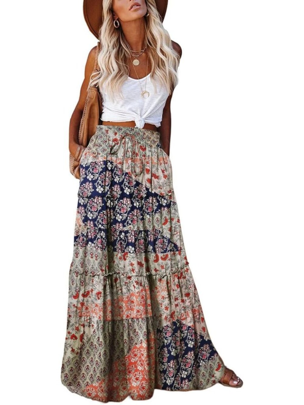 Boho Maxi Skirt for Women - High Waist, Flowy, Pocketed, Perfect for Beach